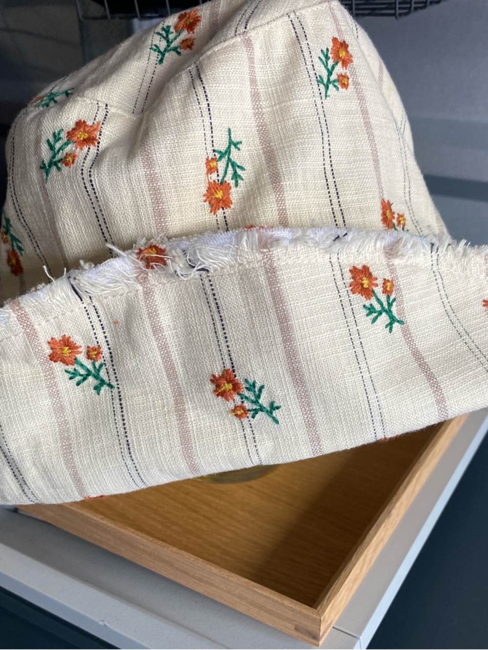 Zara Cream Floral Embroidered Bucket Hat with Orange Flowers